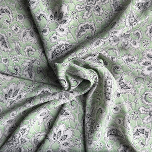 Original 1930's or 1940's Mint Green Crepe Dressmaking Fabric with White and Black Paisley Print - 35" x 120"