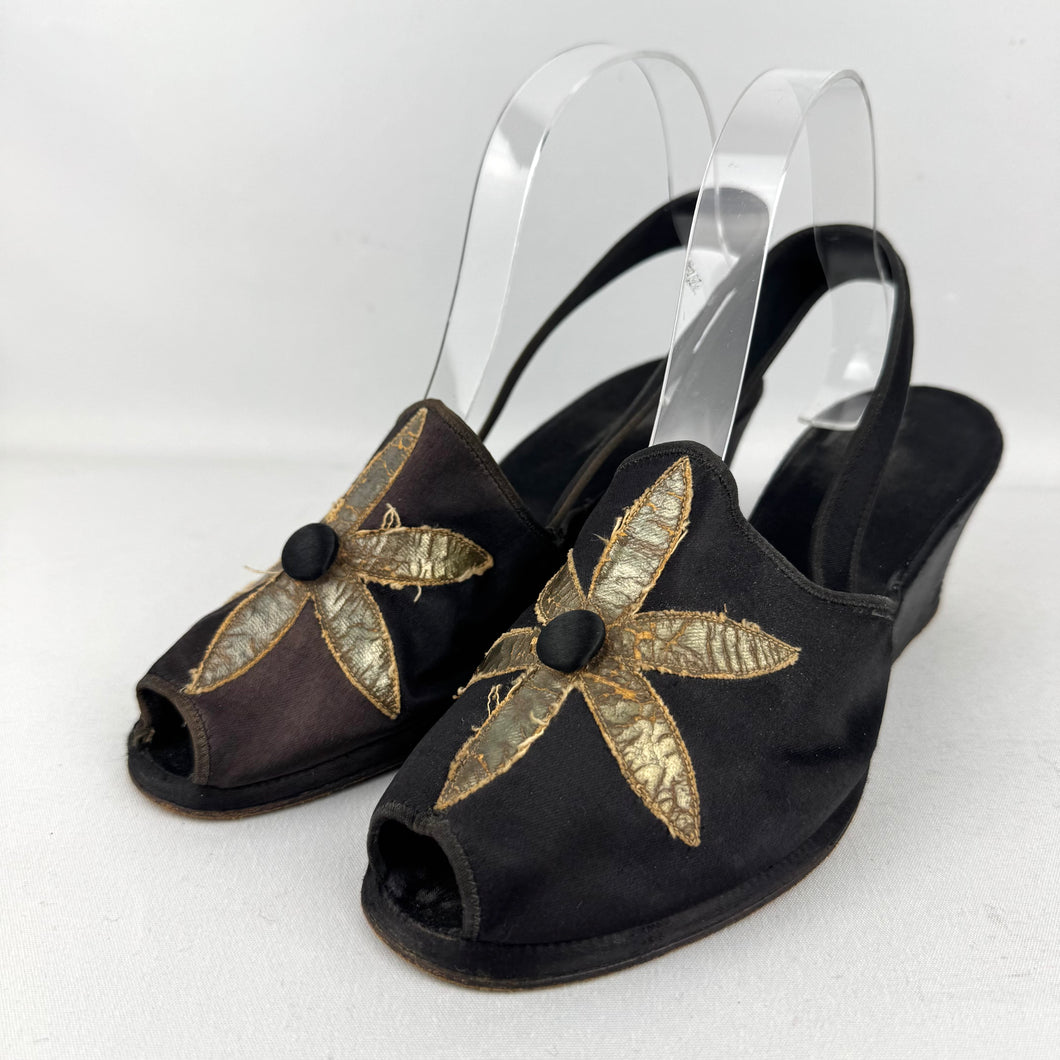 Wounded but Wearable Original 1940's Black Satin Evening Wedge Shoes with Gold Floral Applique Trim - Size 5 5.5