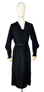 Original 1930's Black Crepe Long Sleeved Belted Day Dress with Scallop Detail - Bust 38