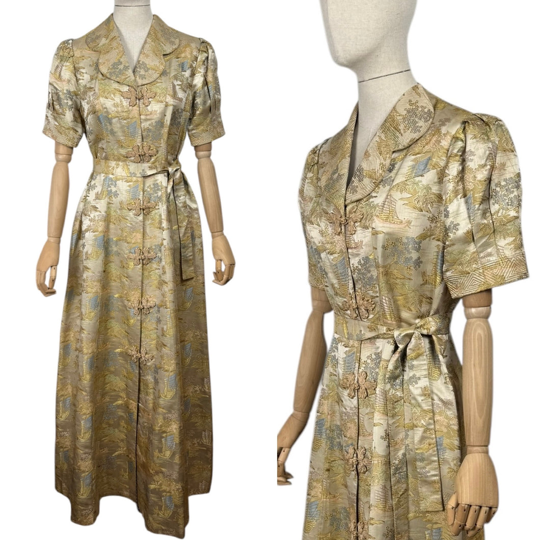 Original 1930’s Chinese Silk Brocade House Coat Robe in Gold, Pink and Blue - Stunning Evening Gown - Bust 36