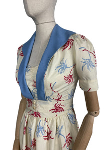 Original Petite Fitting 1940's 1950's Novelty Print Dress and Jacket Set with Palm Tree Print in Red, White and Blue Cotton Rayon - Bust 32"