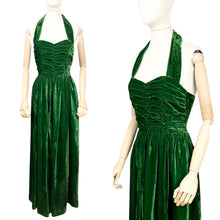 Load image into Gallery viewer, Original 1950’s Vibrant Green Velvet Halterneck Evening Dress - Bust 33
