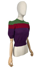 Load image into Gallery viewer, Reproduction 1940&#39;s Hand Knitted Three Colour Stripe Pure Wool Jumper in Green, Red and Purple - Bust 34 36
