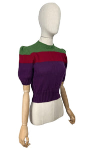 Reproduction 1940's Hand Knitted Three Colour Stripe Pure Wool Jumper in Green, Red and Purple - Bust 34 36