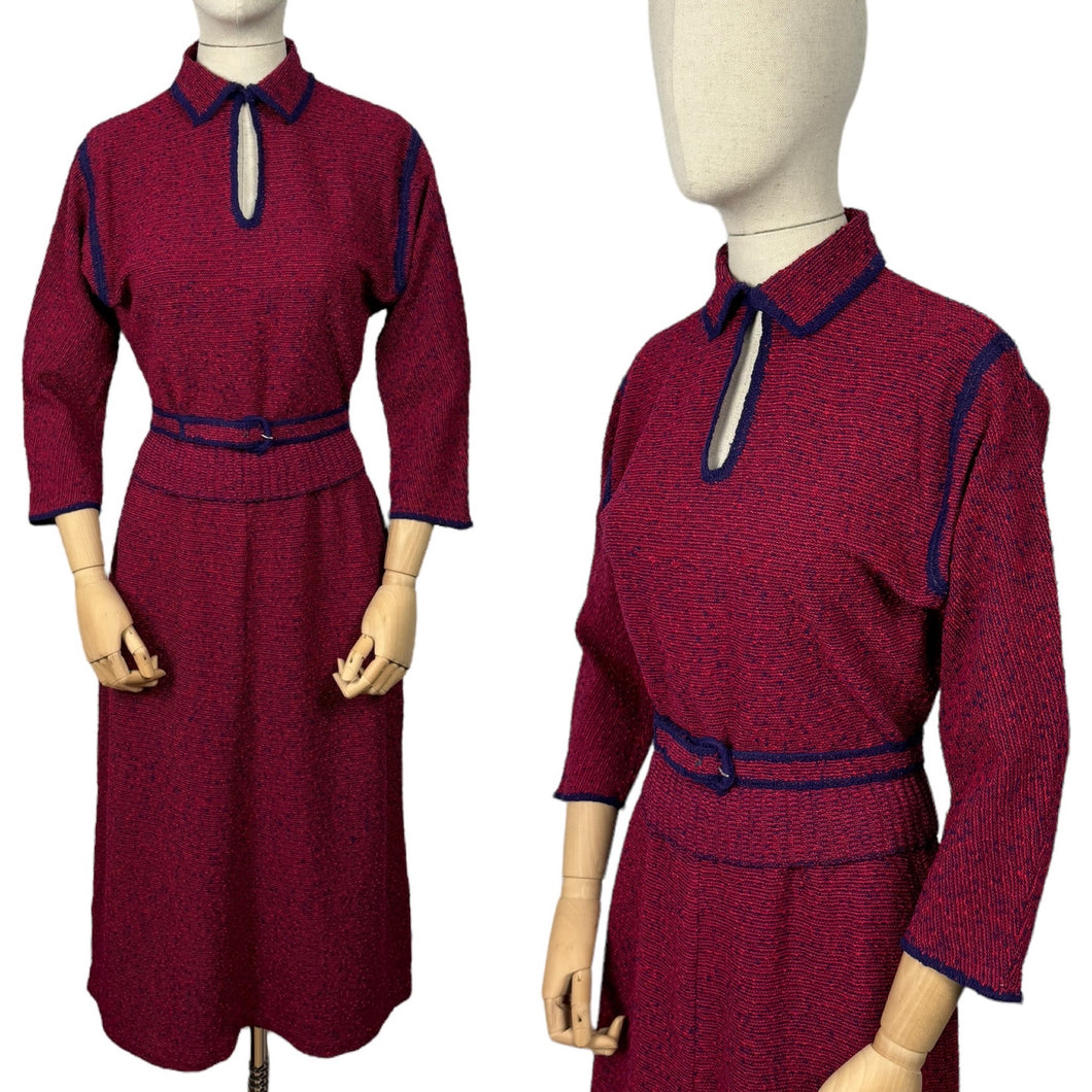 Original 1940's 1950's Brittany Club Sports Clothes by Marinette Three Piece Knit Set in Cranberry Red and French Navy Boucle Wool - Bust 36 38