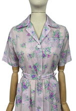 Load image into Gallery viewer, Original 1950&#39;s Purple Nylon Belted Day Dress with Pink and Green Bold Floral Print - Bust 36 38
