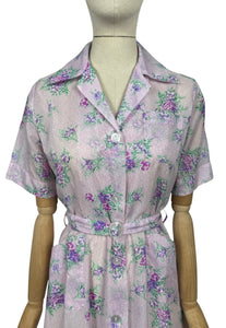 Original 1950's Purple Nylon Belted Day Dress with Pink and Green Bold Floral Print - Bust 36 38