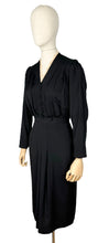 Load image into Gallery viewer, Original 1930&#39;s Volup Black Crepe Belted Day Dress with Ruffle Trim - Bust 42 44
