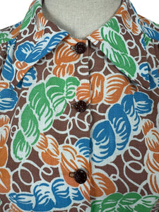 1940's Reproduction Novelty Print Blouse with Skeins of Wool in Orange, Blue and Green on a Brown and White Base Made From an Original 1940's Feed Sack - Bust 32 34