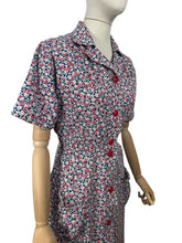 Load image into Gallery viewer, Original Volup 1930&#39;s Blue Cotton Dress with Pretty Floral Print in Red, Green and White - Bust 40 42
