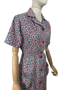 Original Volup 1930's Blue Cotton Dress with Pretty Floral Print in Red, Green and White - Bust 40 42