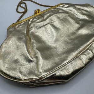 1950's or 1960's RFC Bright Gold Leather Evening Bag with Snake Chain and Faux Pearl Clasp