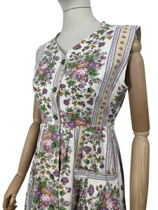 Original 1940's Thick Cotton Floral Stripe Sleeveless Chore Dress by Ritchwear - Bust 38 39