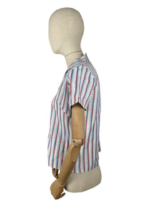 Original 1950's Deadstock White Cotton Blouse with Red, Blue and Black Stripes by Lewis - Bust 34"