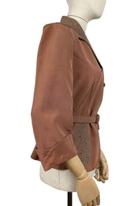 Original 1950’s Warm Brown Grosgrain Belted Jacket with Soutache Trim - Bust 36 37