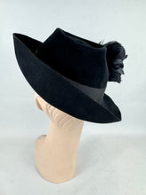 Load image into Gallery viewer, Original 1930’s 1940's Black Felt Fedora with Feather Trim by DUNLAP
