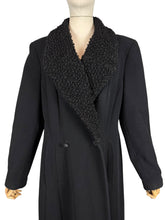Load image into Gallery viewer, Original 1940's Inky Black Wool Coat with Faux Astrakhan Collar and Glass Buttons - Bust 38 40
