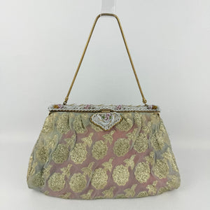 Original 1950's Gold Chiffon Bag with Beautiful Pink and White Beaded Frame and Clasp