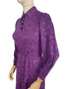Original 1940's Cadbury Purple Floral Crepe Dress with Belt and Glass Buttons - Bust 34" *