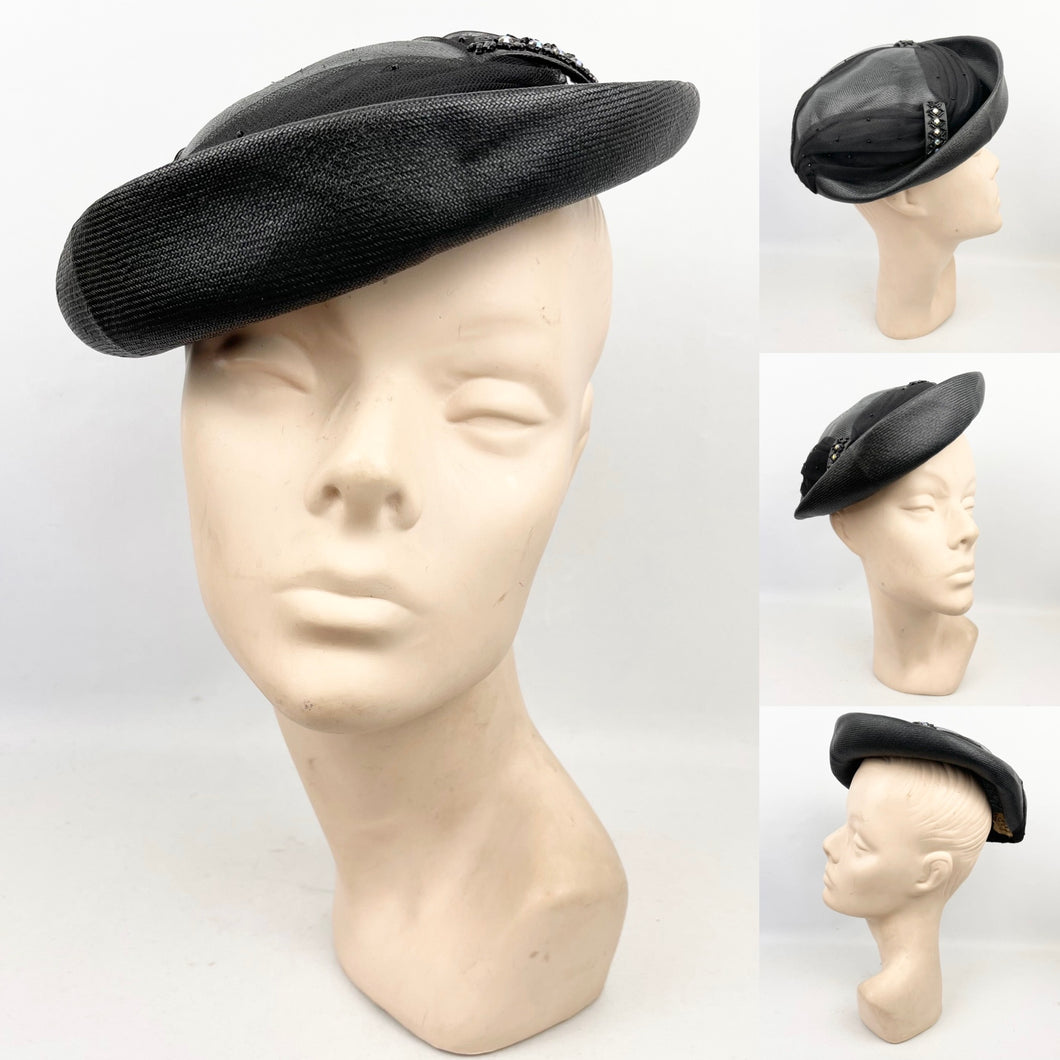 Original 1950's Fine Black Straw Hat with Net and Bead Trim *