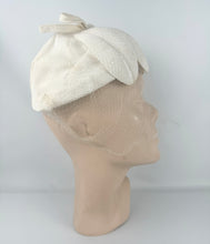 Load image into Gallery viewer, Original 1950&#39;s Ivory Fabric Petal Hat with Face Veil and Bow Trim
