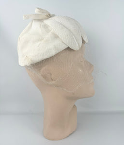 Original 1950's Ivory Fabric Petal Hat with Face Veil and Bow Trim