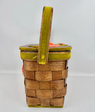 Load image into Gallery viewer, Beautiful Vintage Betsy B Wooden Basket Box Bag with Green Velvet Trim and Pink Flower Applique
