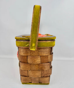 Beautiful Vintage Betsy B Wooden Basket Box Bag with Green Velvet Trim and Pink Flower Applique
