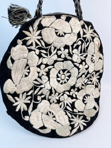 Original 1920's Black Cotton and Ivory Silk Embroidered Circular Bag *