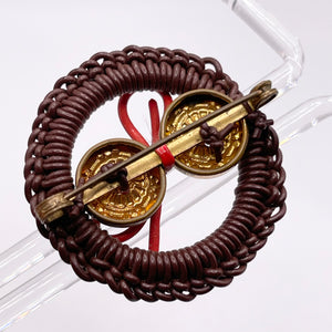 Original 1940's Large Brown, Gold and Red Wartime Make Do and Mend Wire Brooch with Double Button Middle