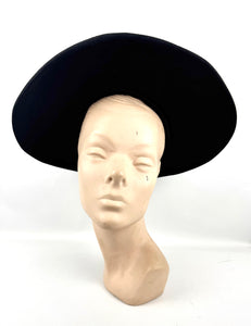 Original 1940's 1950's Inky Black Fabric Platter Hat with Loop Trim
