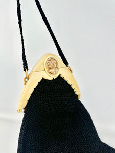 Original 1920's Antique Crochet Bag with Celluloid Frame with Cameo Clasp and Long Tassels