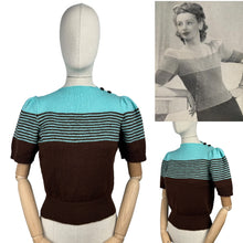 Load image into Gallery viewer, Reproduction 1940&#39;s Striped Jumper in Carob Brown and Turquoise Blue Pure Wool with Full Puff Sleeves - Bust 36 38
