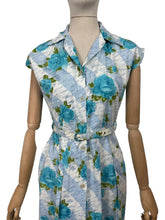 Load image into Gallery viewer, Original 1950&#39;s Stripe Floral Cotton Sleeveless Belted Day Dress in Blue and White with Bold Blue Roses - Bust 36 37
