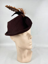 Load image into Gallery viewer, Original 1940's Warn Brown Felt Hat by Jacoll with Large Bow Trim and Chestnut Brown Feather
