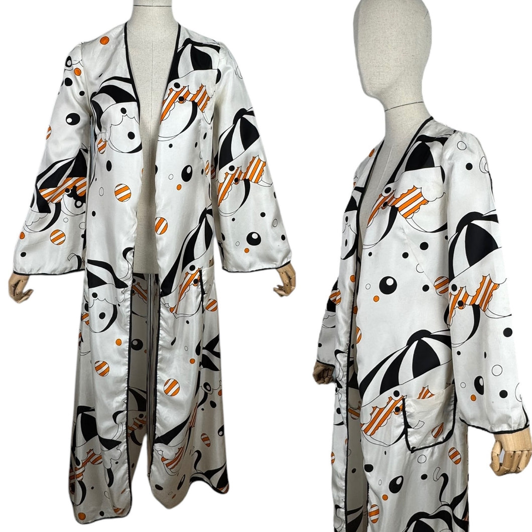 Original Vintage 1960's 1970's White, Black and Orange Robe with Novelty Umbrella Print - Bust 34 36
