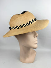 Load image into Gallery viewer, Original 1930's Natural Straw Hat with Navy and Ivory Grosgrain Trim
