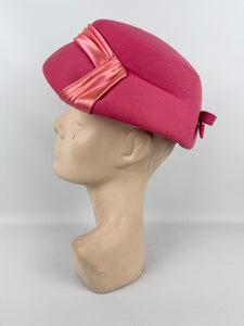 Original 1950's Fuchsia Pink Felt Hat with Pleated Satin Trim and Felt Bow