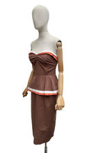 Load image into Gallery viewer, Original 1950's Brown, White and Orange Cotton Wiggle Dress - Bust 34"
