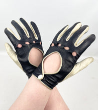 Load image into Gallery viewer, Original 1960&#39;s Midnight Blue and Cream Kid Leather Driving Gloves with Popper Fastening *
