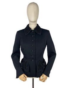 Original 1940's Black Wool Jacket with Real Astrakhan Trim on Collar and Pockets - Bust 36 *
