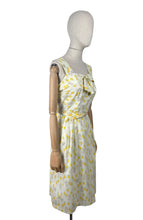 Load image into Gallery viewer, Original 1950&#39;s Yellow, Green and Brown Novelty Print Sleeveless Belted Day Dress with Roses, Birds and Birdcage Print - Bust 38
