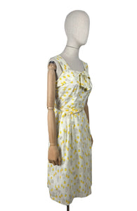 Original 1950's Yellow, Green and Brown Novelty Print Sleeveless Belted Day Dress with Roses, Birds and Birdcage Print - Bust 38