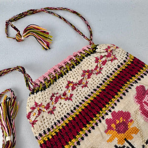 Antique Edwardian Crochet Drawstring Bag with Embroidered Floral Panels