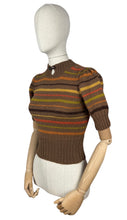 Load image into Gallery viewer, Reproduction 1930&#39;s Brown Hand Knitted Alpaca Wool Stripe Jumper with Puff Sleeves and Double Button Fastening - Bust 32
