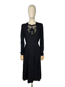 Original 1940’s Post WW2 Inky Black Crepe Cocktail Dress with Beaded Cutout Net Neckline and 11011 Label - Bust 38