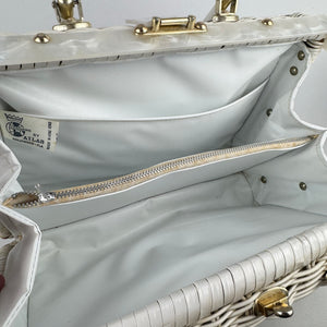 Original 1950's Princess Charming by Atlas White Wicker Bag with White Lucite Handles and Real Shell Decoration