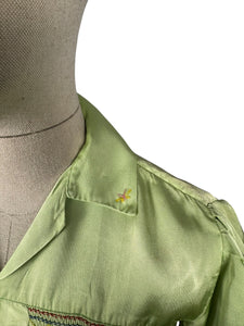 Original 1940’s Pale Green Artificial Silk Blouse with Colourful Smocking Detail - Bust 34 36