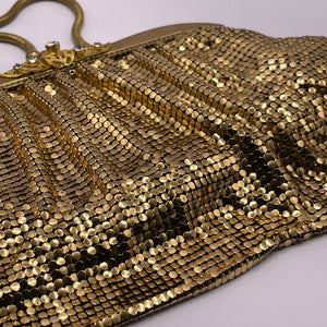 Vintage 1950's Gold Metal Mesh Bag with Snake Chain Handle and Fully Lined with Paste Set Frame - West German Made *
