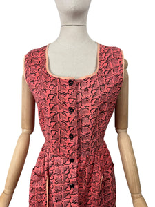 Original 1940's 1950's Dark Coral Pink Cotton Chore Dress with Black Print - Bust 37 38